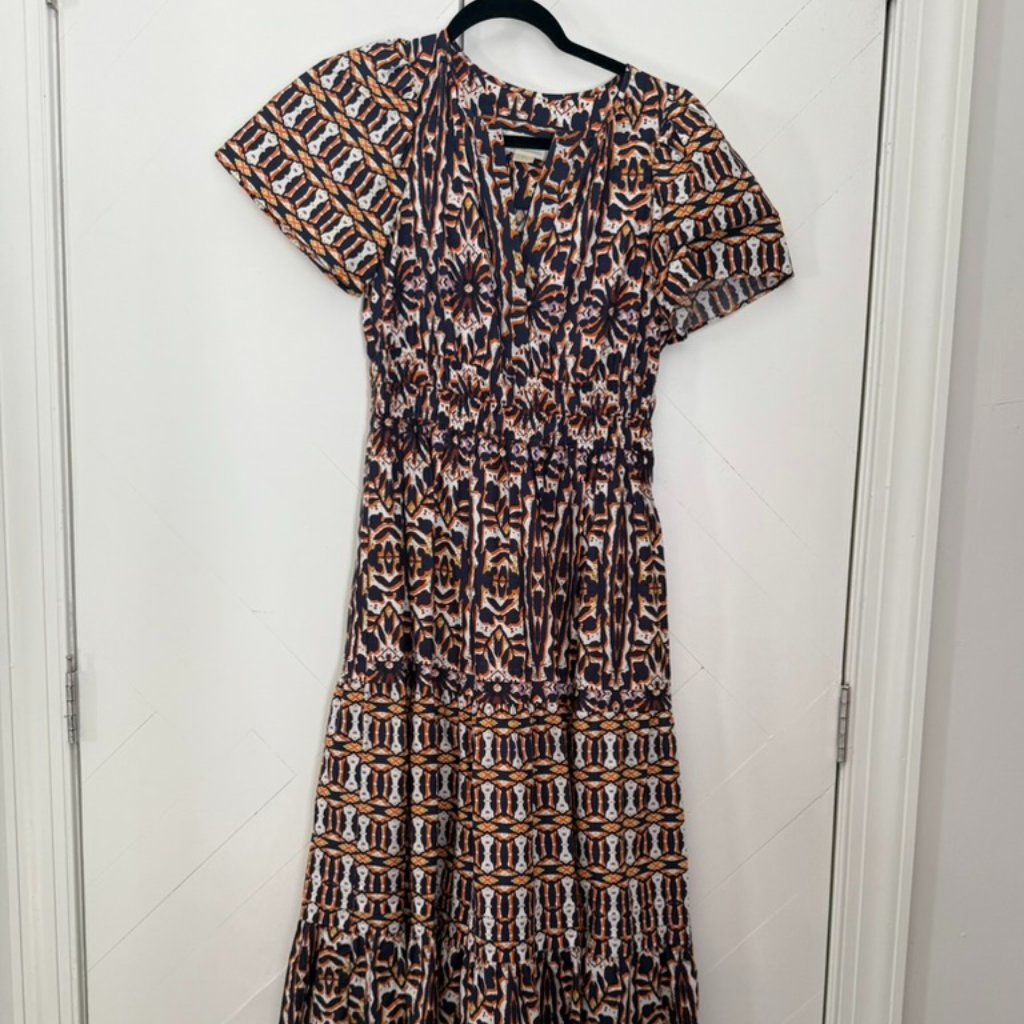 Anthropologie Maeve Somerset Maxi In Orange Navy Print Cotton Dress Sz Xsmall